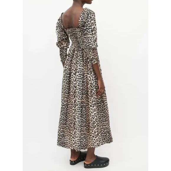 GANNI Leopard Print Maxi Dress Smocked Silk Blend EU 32 US 0 Mob Wife Luxury - Picture 2 of 16